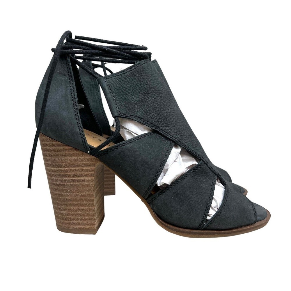 Lucky Brand Lanita Sandal Nubuck Stacked Block Heel Distressed Black Women 10M‎